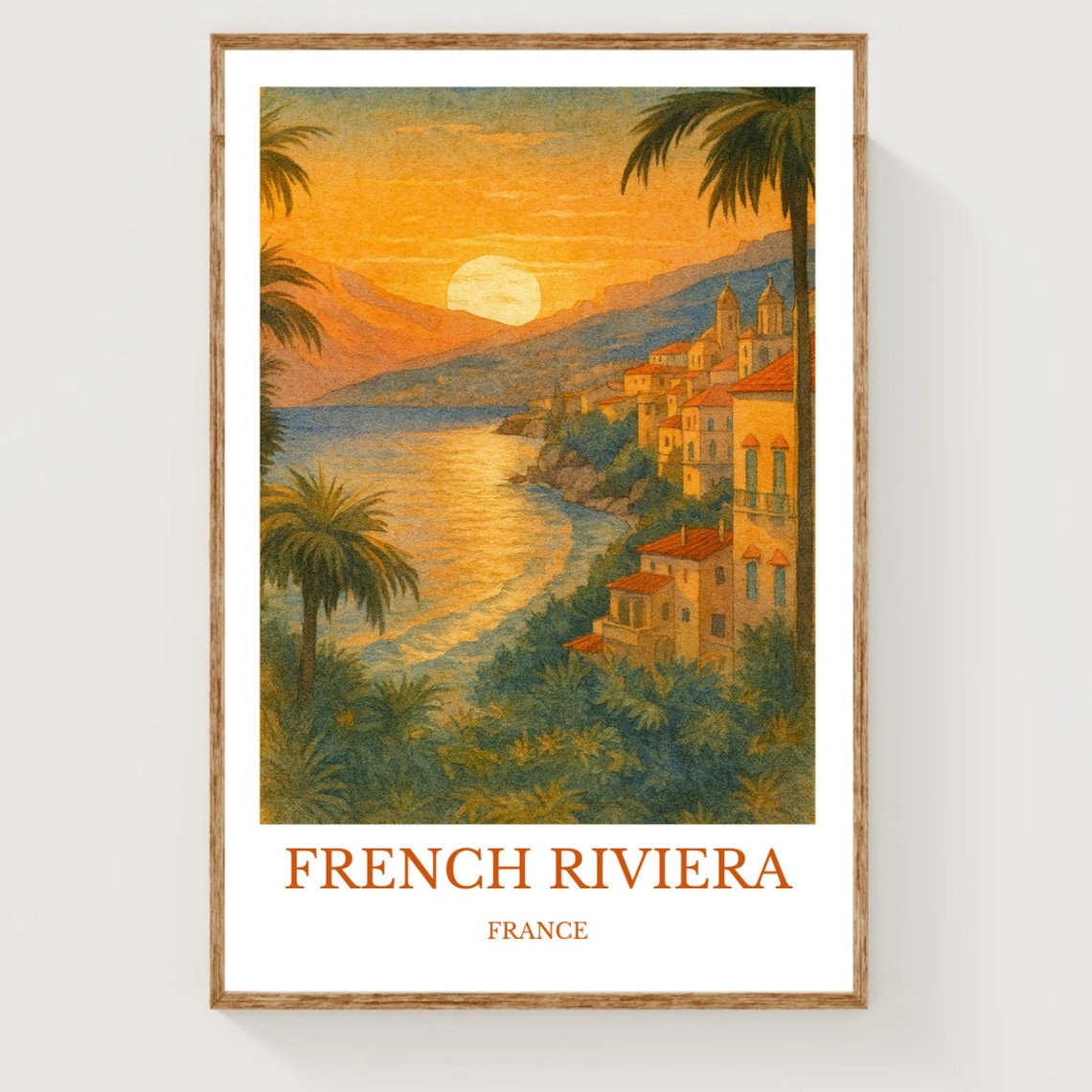 French Riviera France Sunset Coast Town Watercolor Travel Poster