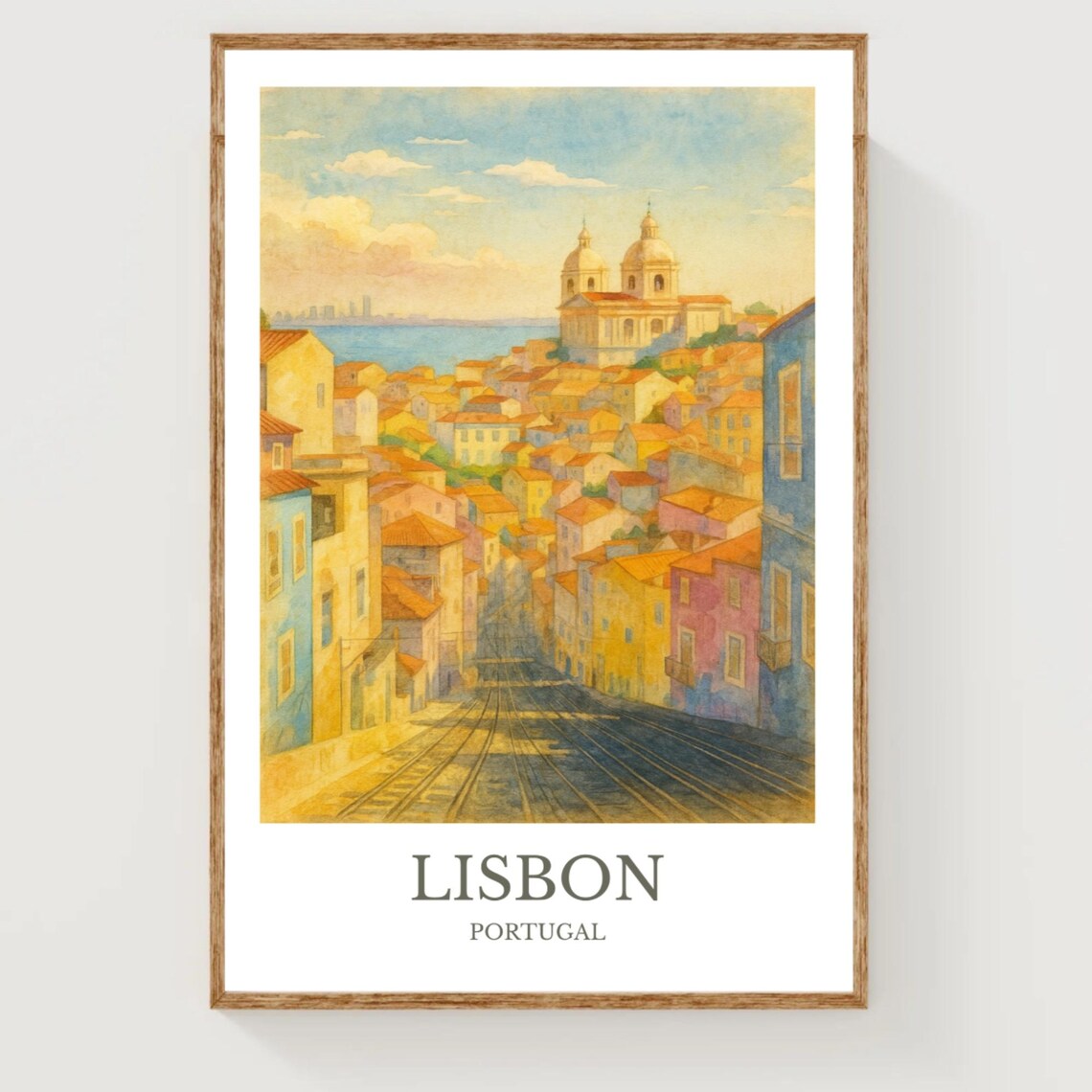 Lisbon Portugal Old Town Street Tram Sunset Watercolor Travel Poster