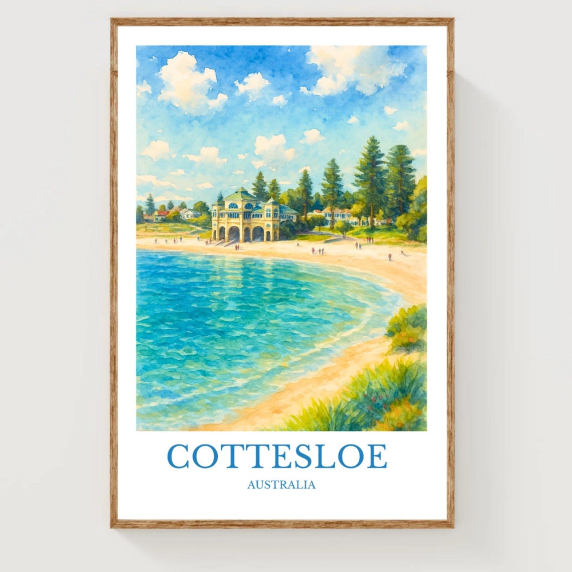 Cottesloe Australia Watercolor Poster with Beach Pavilion and Blue Sea