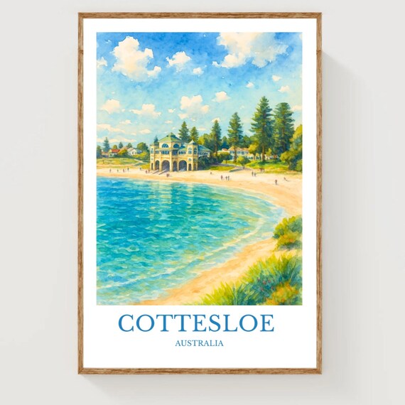 Cottesloe Australia Watercolor Poster with Beach Pavilion and Blue Sea