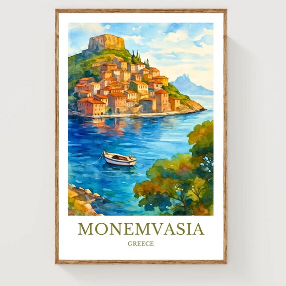 Monemvasia Greece Seaside Village Sailboat Watercolor Travel Poster