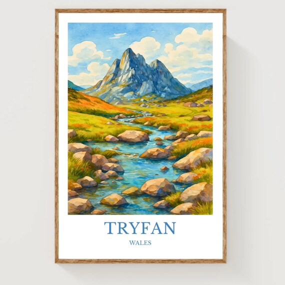 Tryfan Wales Rocky Mountain Peak Stream Watercolor Travel Poster