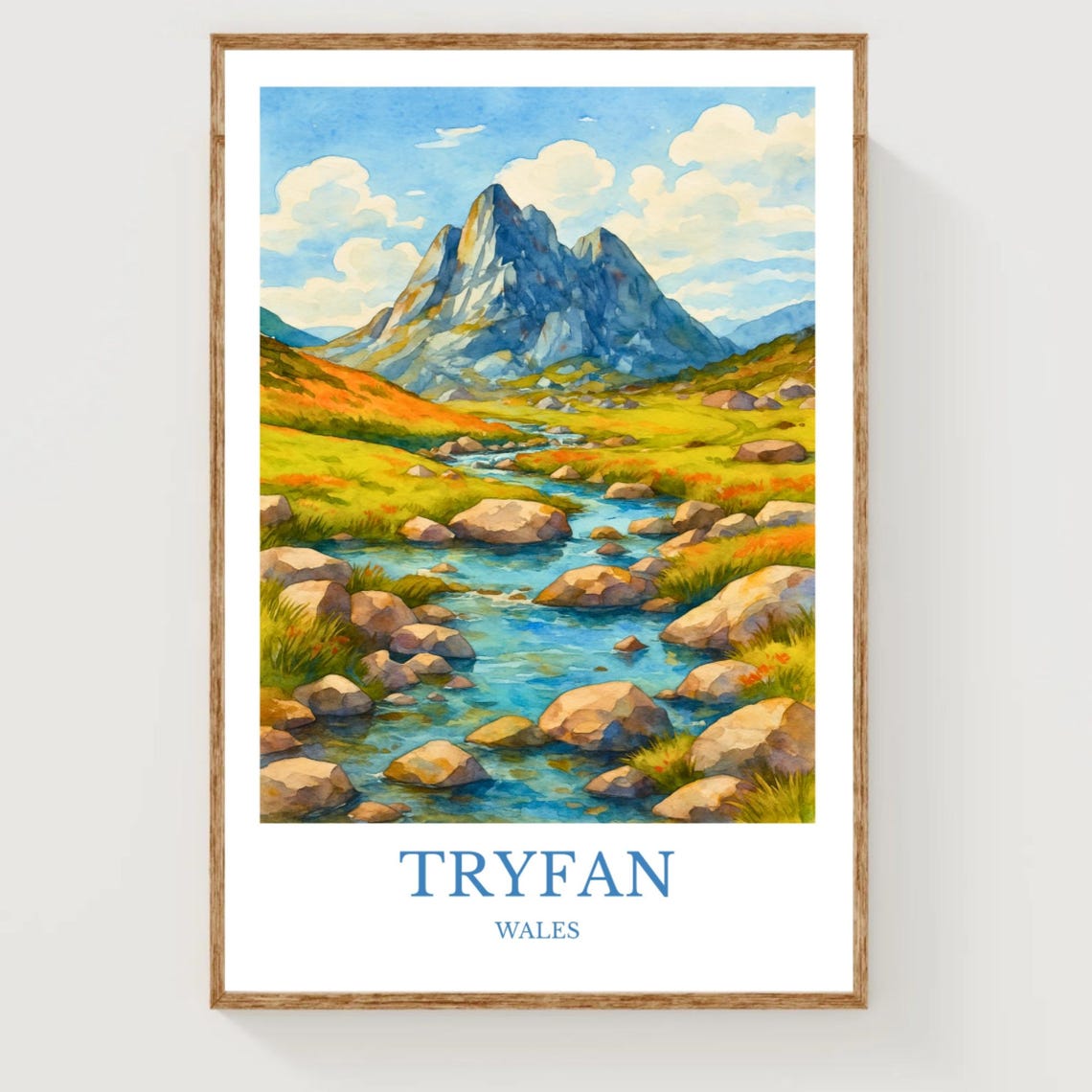Tryfan Wales Rocky Mountain Peak Stream Watercolor Travel Poster