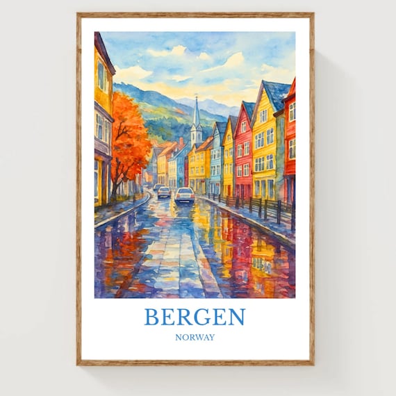 Bergen Norway Colorful Waterfront Street Watercolor Travel Poster