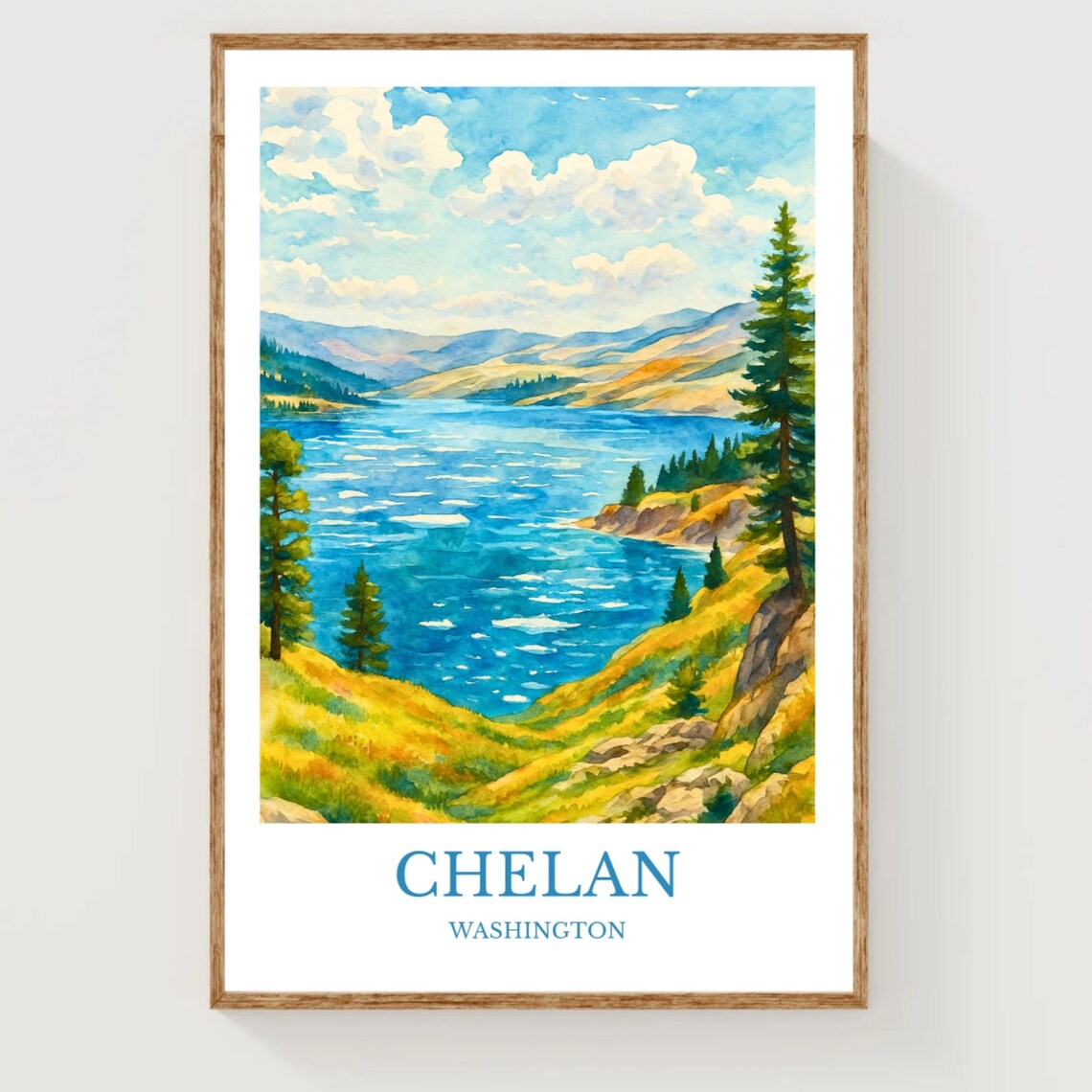 Chelan Lake Watercolor Travel Poster Washington Pines Mountain Shore Art