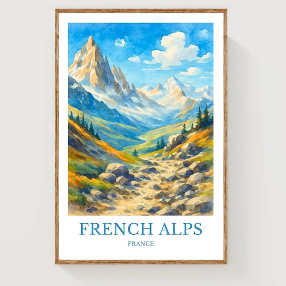 French Alps Mountain Peaks Watercolor Travel Poster Alpine Scene