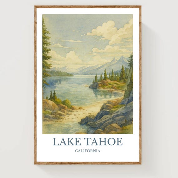 Lake Tahoe Watercolor Design Poster Print Wall Art