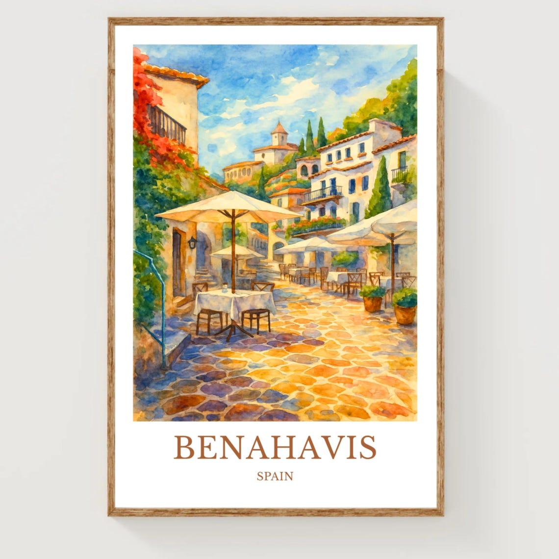 Benahavis Spain Watercolor Travel Poster Sunny Village Cafe Square