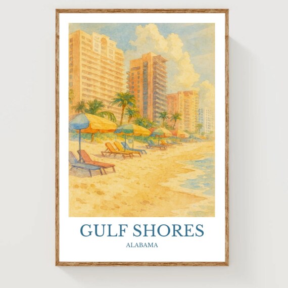 Gulf Shores Alabama Beach Umbrellas Condos Watercolor Travel Poster
