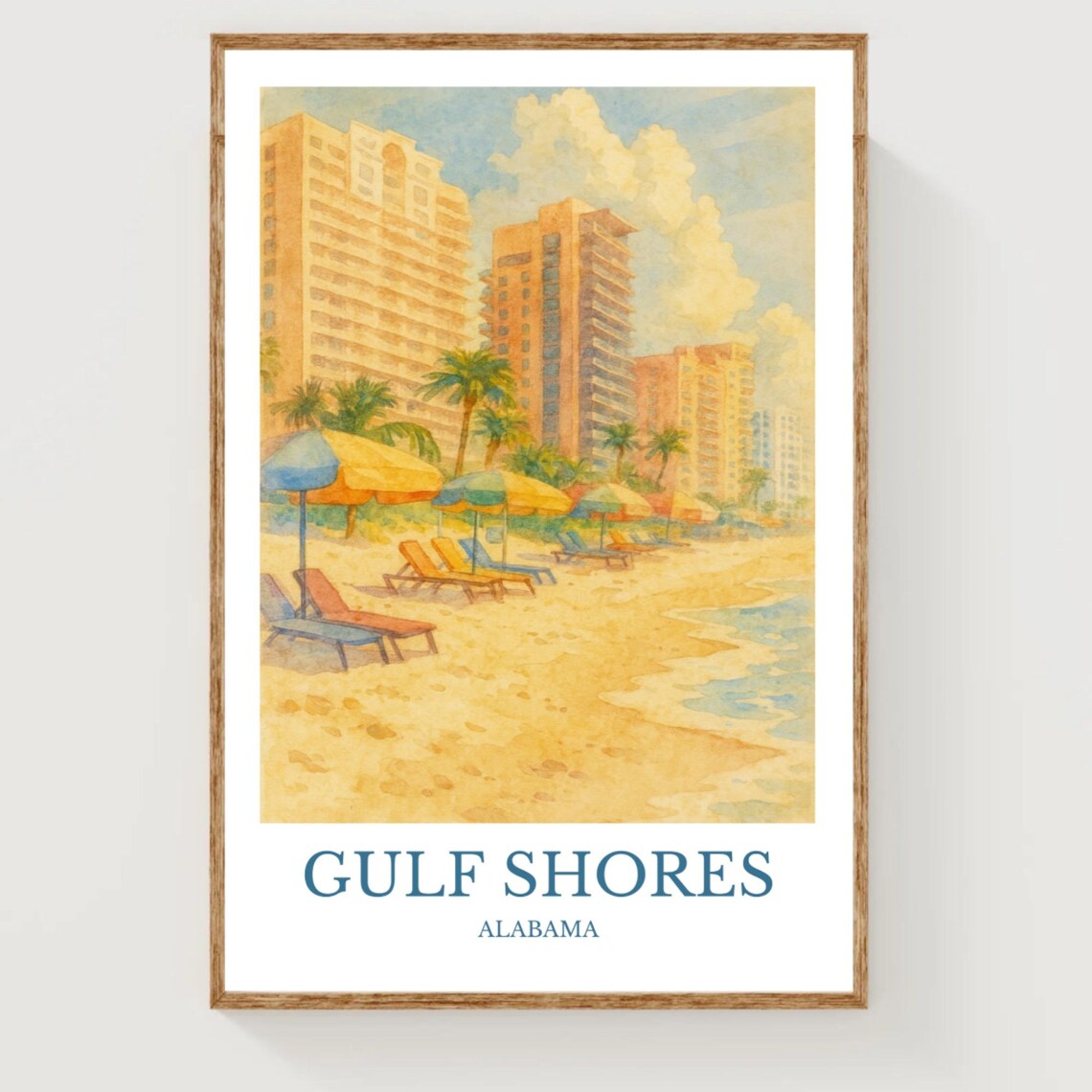 Gulf Shores Alabama Beach Umbrellas Condos Watercolor Travel Poster