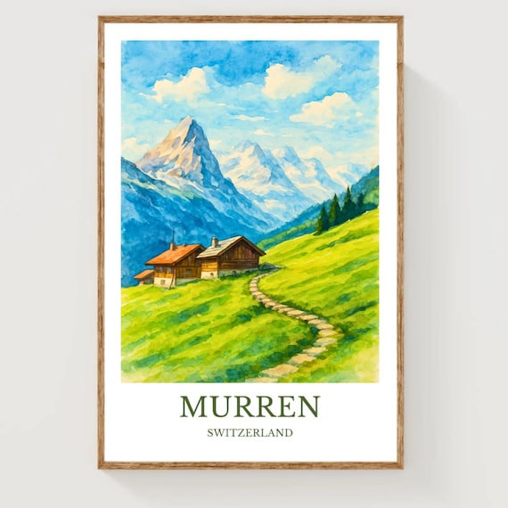 Murren Switzerland Watercolor Poster Alpine Chalet Travel Art