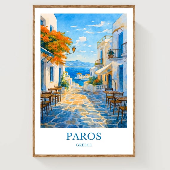 Paros Greece Watercolor Whitewashed Alley Cafe Sea View Island Poster