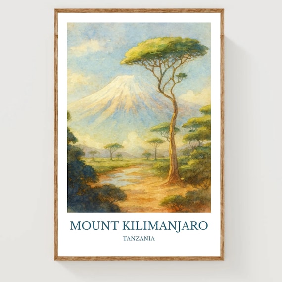 Mount Kilimanjaro Tanzania Watercolor Safari Mountain Travel Poster
