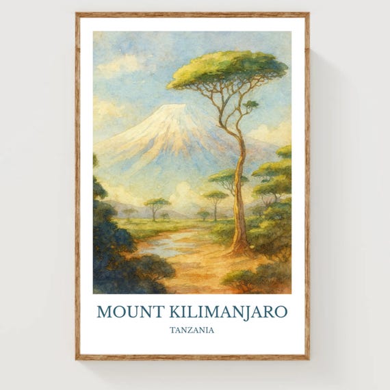 Mount Kilimanjaro Watercolor Design Poster Tanzania Print Wall Art
