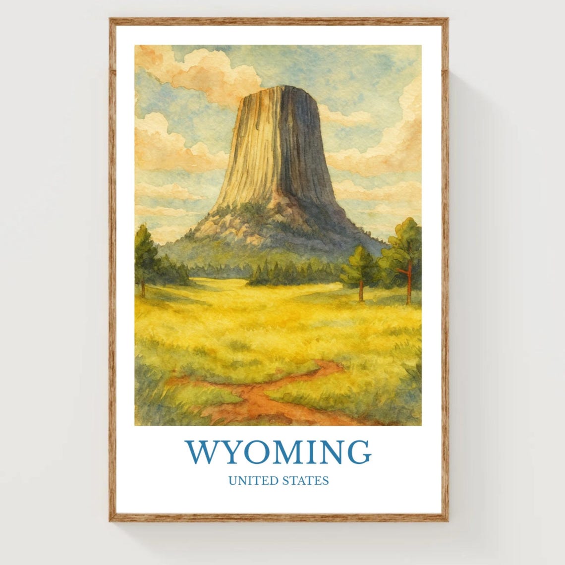 Devils Tower Wyoming Prairie Watercolor National Landmark Poster