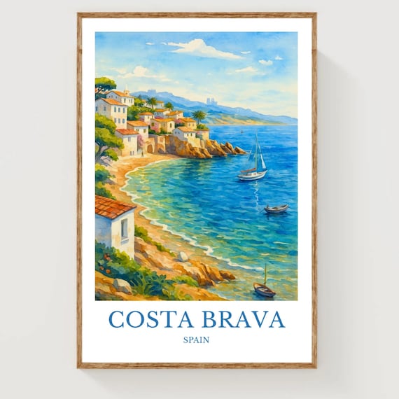 Costa Brava Spain Watercolor Seaside Village Coastal Travel Poster