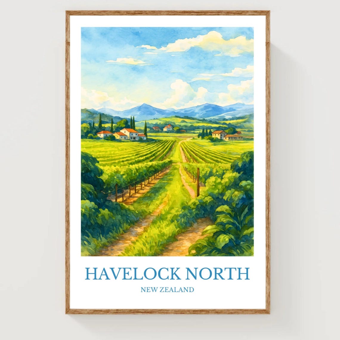 Havelock North New Zealand Vineyard Watercolor Travel Poster