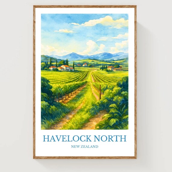 Havelock North New Zealand Vineyard Watercolor Travel Poster