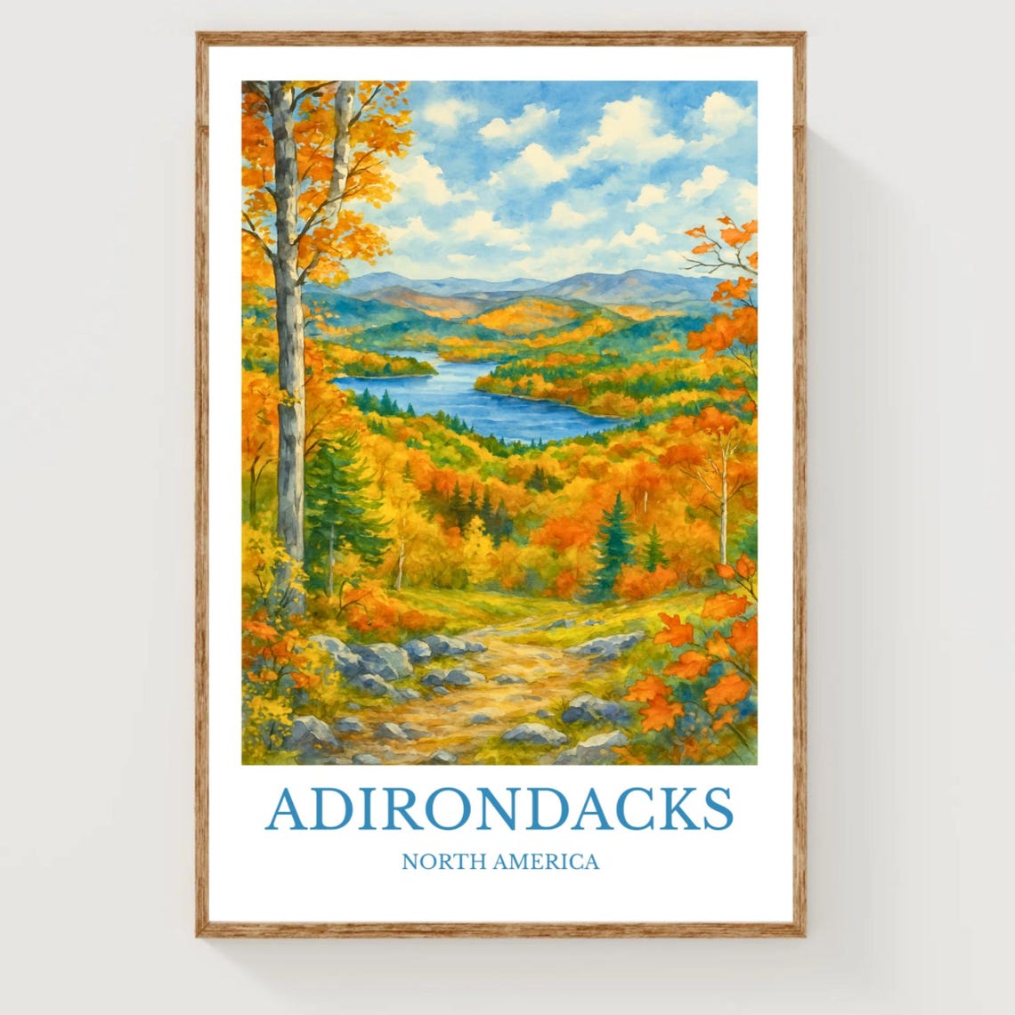 Adirondacks North America Fall Foliage Lake Mountain Watercolor Poster