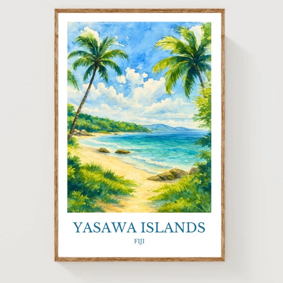 Yasawa Islands Fiji Tropical Beach Palm Trees Watercolor Travel Poster