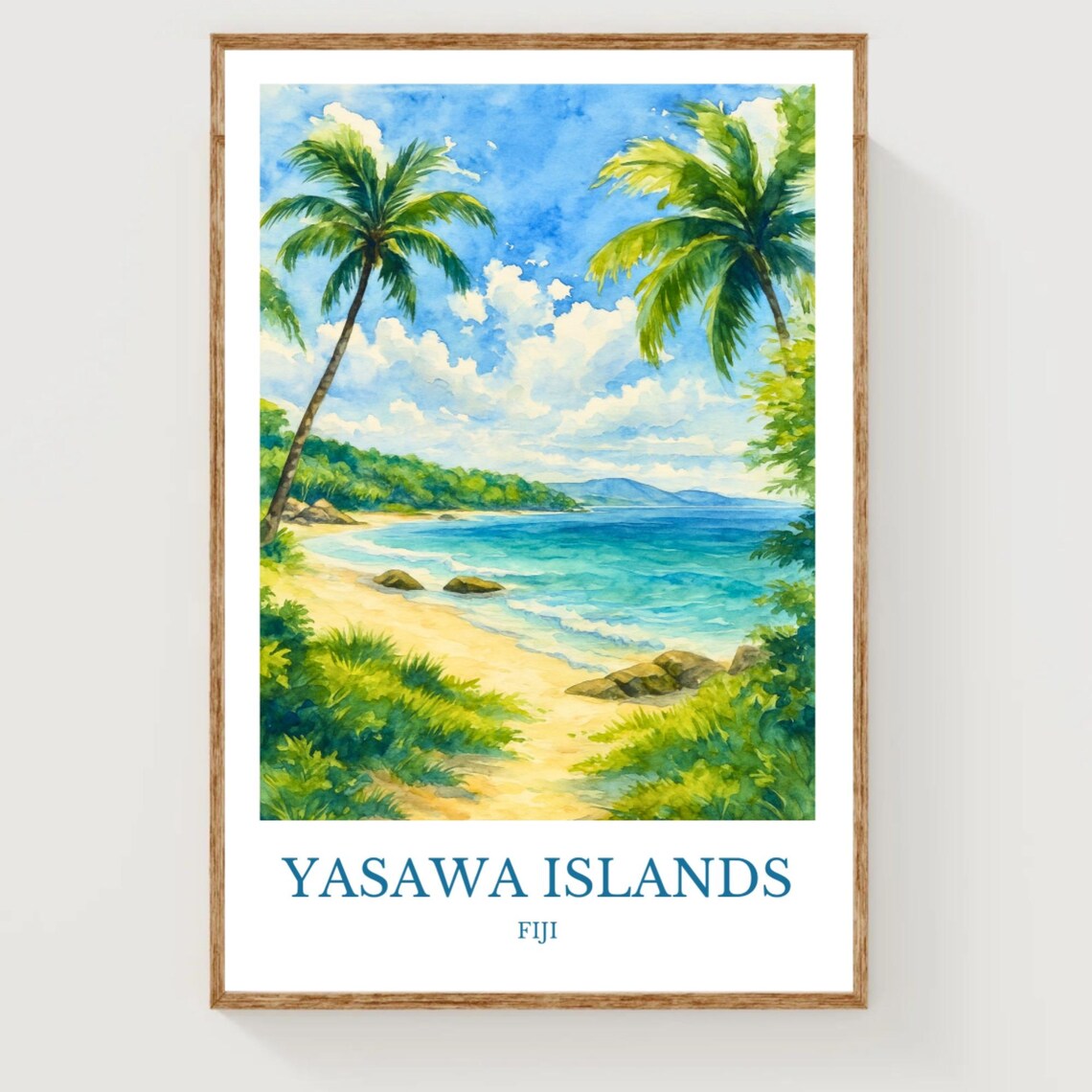 Yasawa Islands Fiji Tropical Beach Palm Trees Watercolor Travel Poster