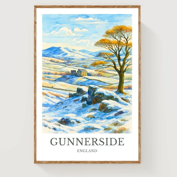 Gunnerside England Winter Snow Watercolor Countryside Travel Poster