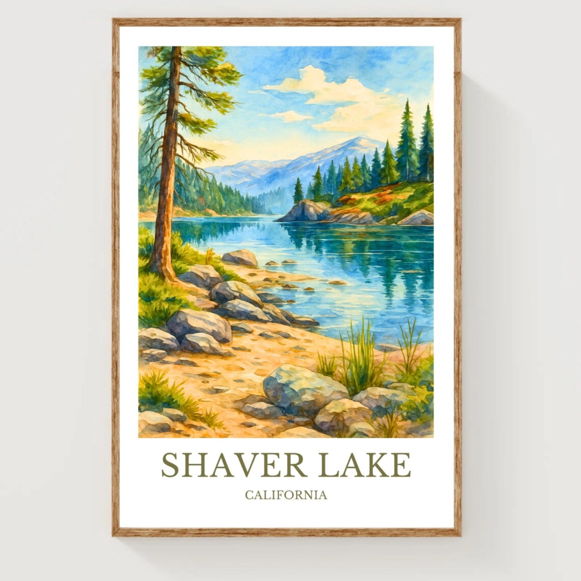 Shaver Lake California Mountain Lake Watercolor Scenic Travel Poster