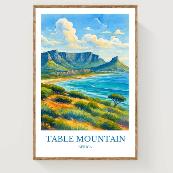 Table Mountain Africa Cape Town Coast Watercolor Travel Poster
