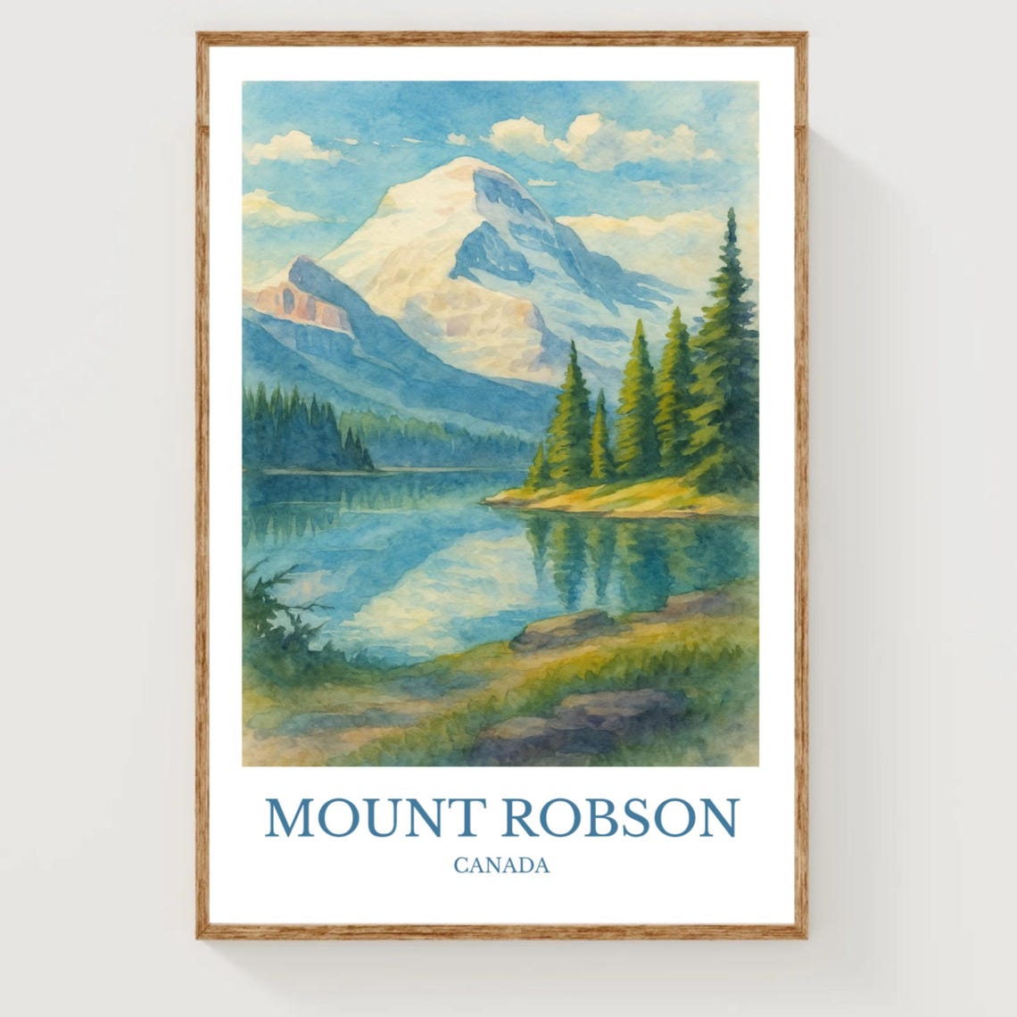 Mount Robson Canada Alpine Lake Watercolor Mountain Travel Poster