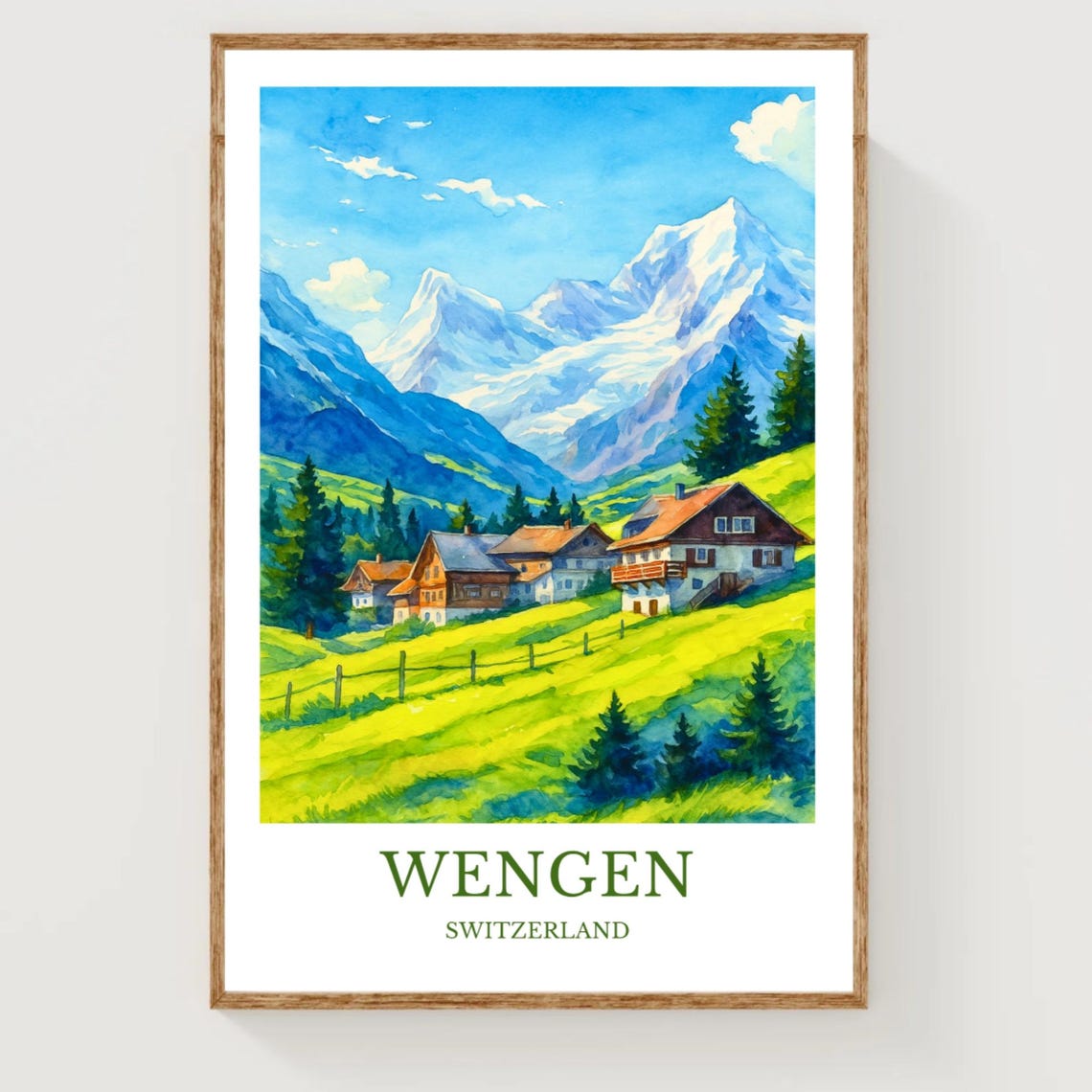 Wengen Switzerland Alpine Chalets Snowy Peaks Watercolor Travel Poster