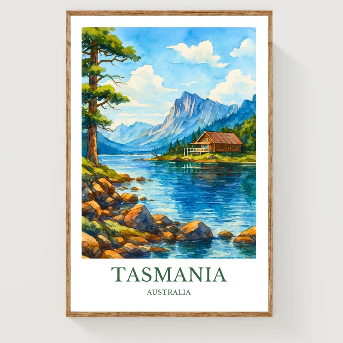 Tasmania Australia Mountain Lake Cabin Watercolor Travel Poster