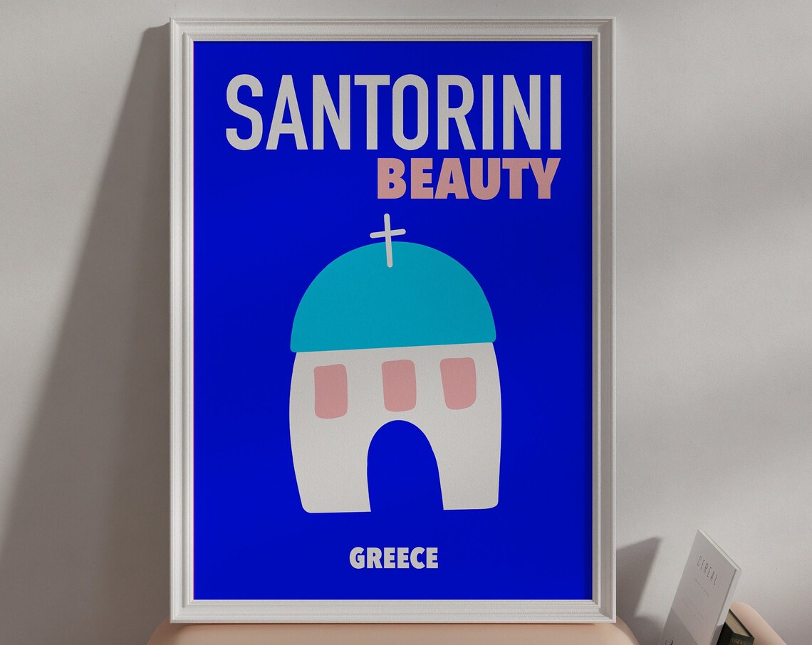 Santorini Retro Travel Poster, Greece Travel Art