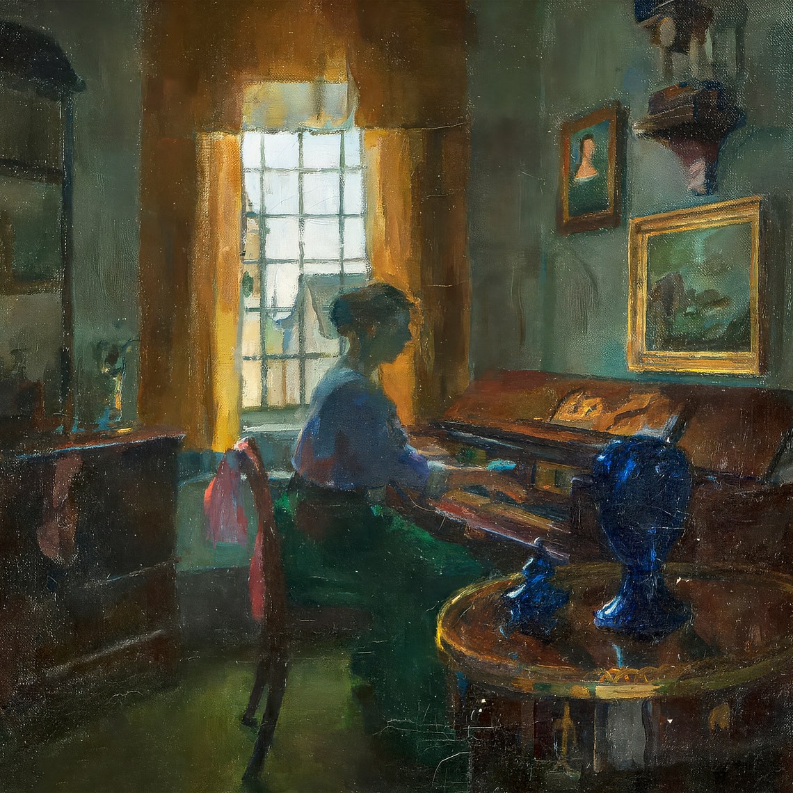 Vintage Farmhouse Oil Painting Print Lady Playing Piano In Cozy Home Interior Rustic Vintage Art For Living Room Bedroom Or Music Room - Image 3