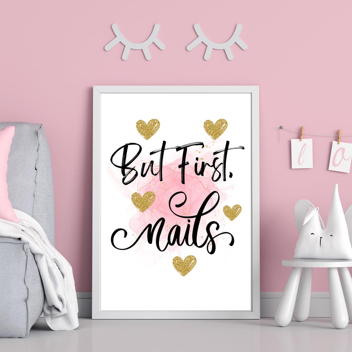 But First Nails Gold Glitter Hearts Nail Salon Quote Poster Pink Decor - Image 2