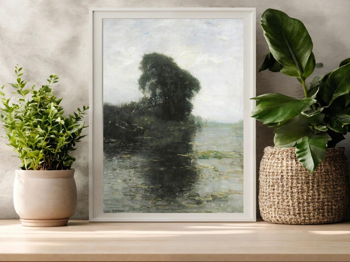 Vintage River Landscape Painting Muted Green Landscape Painting River Painting Green Foliage Vintage River Oil Painting Wall Art - Image 3