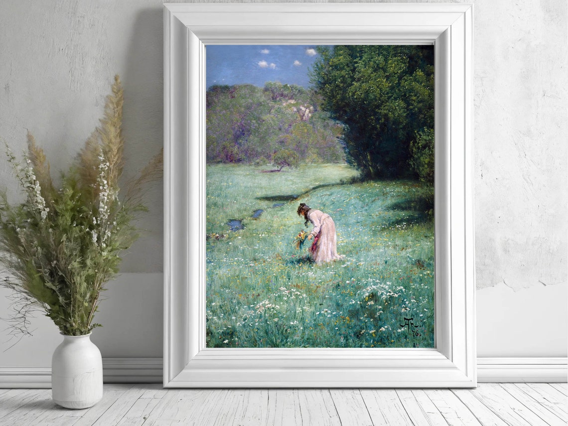 Woman Picking Wildflowers in Meadow Vintage Floral Classic Print - Image 4