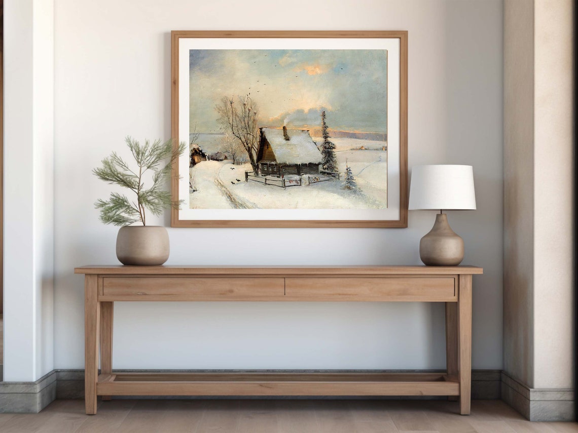 Snow Covered Cottage Winter Landscape Birds at Sunset Poster - Image 8