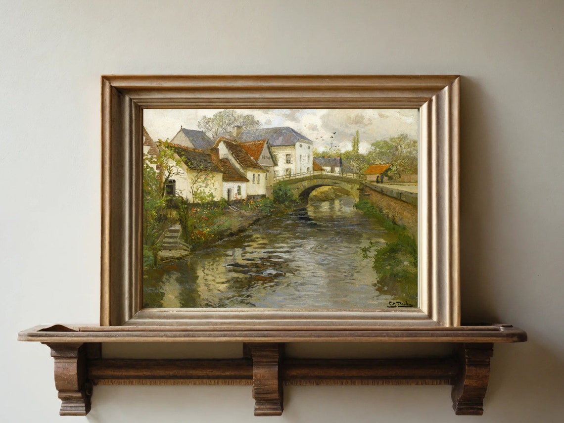 Village Stone Bridge Canal Tile Roofs Charming Impressionist Poster
