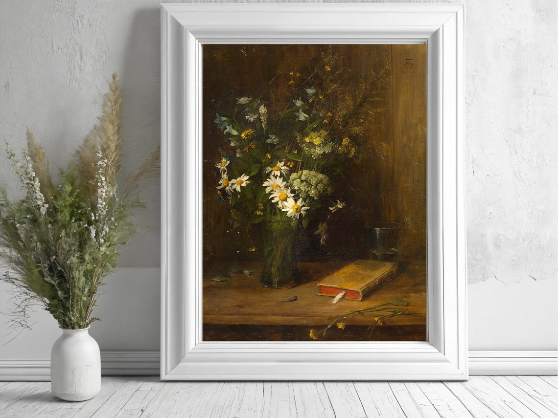 Vintage Wildflower Still Life Moody Daisies and Book Classic Print - Image 5