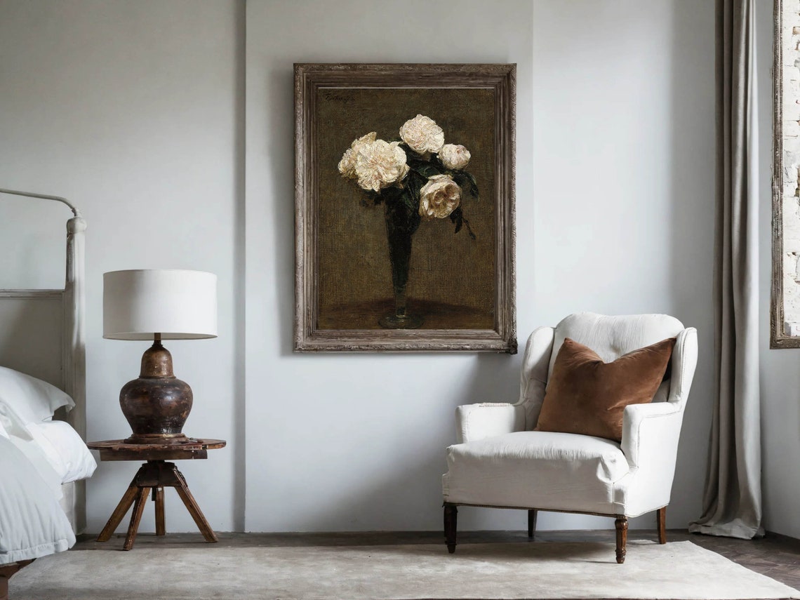 White Roses Tall Glass Vase Dark Background Vintage Floral Poster - Image 2