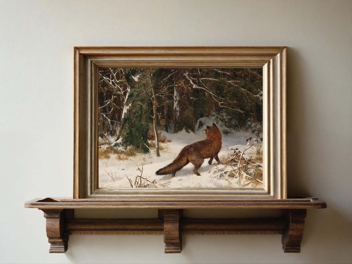 Red Fox Snowy Winter Forest Vintage Wildlife Woodland Painting Poster - Image 6