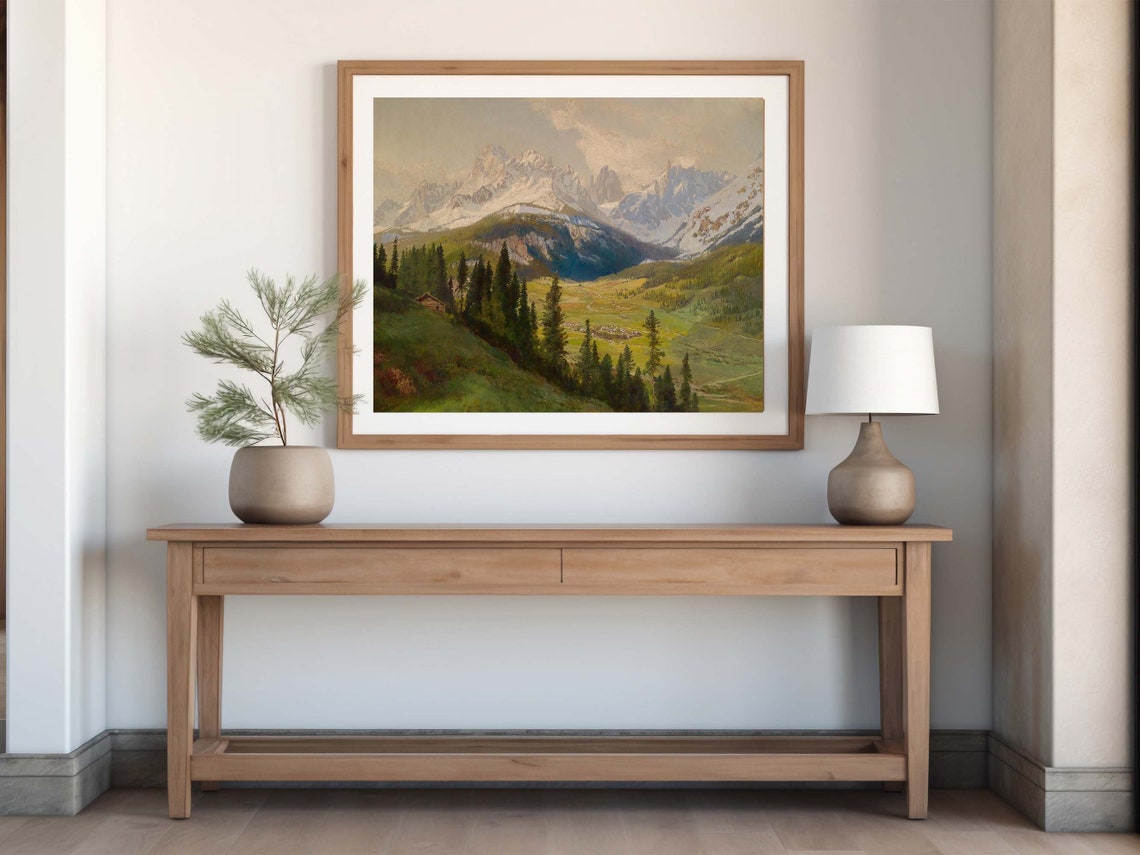 Snowy Alpine Mountain Landscape Vintage Rustic Valley Poster - Image 2