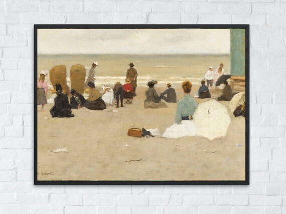 Victorian Beachgoers Relaxing Sand Impressionist Seaside Poster