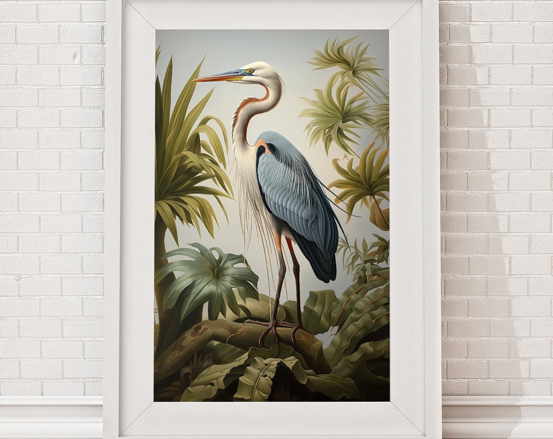 Audubon Style Grey Heron Tropical Foliage Vintage Bird Poster