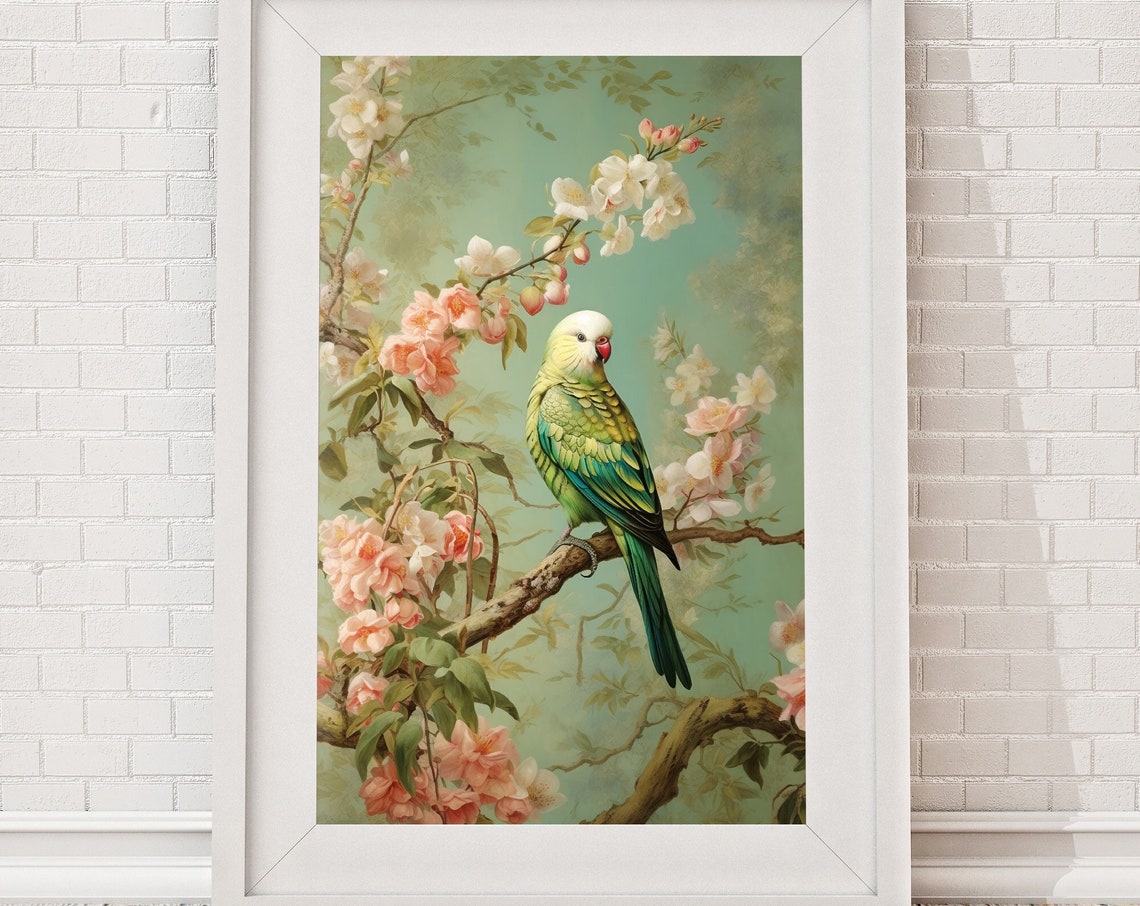 Vintage Green Parrot on Blossom Branch Chinoiserie Style Print