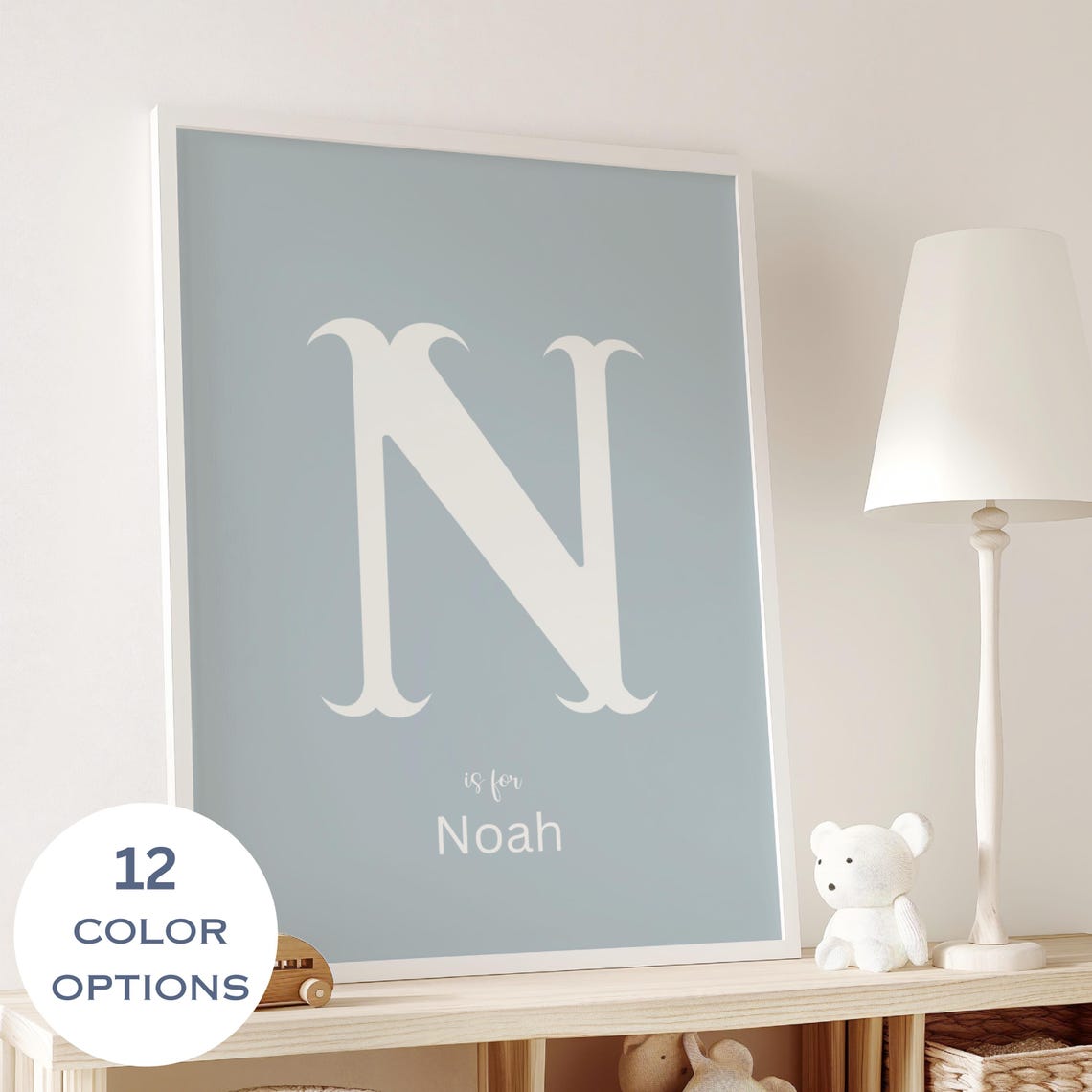 Personalized Initial Name Letter N Blue Nursery Decor Poster