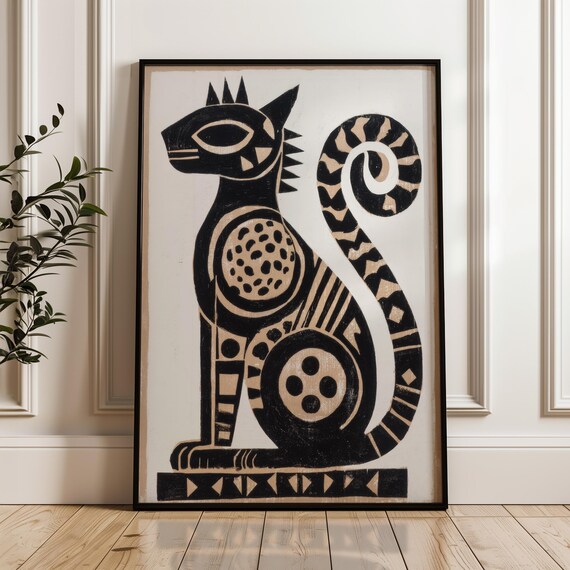 Stylized Black and Gold Cat Abstract Folk Art Poster on Beige