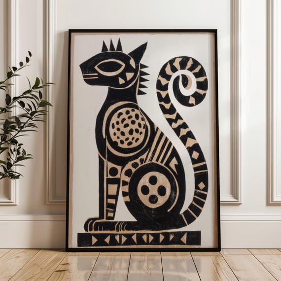 Stylized Cat Poster Black And Gold On Beige Abstract Geometric Folk Art Print
