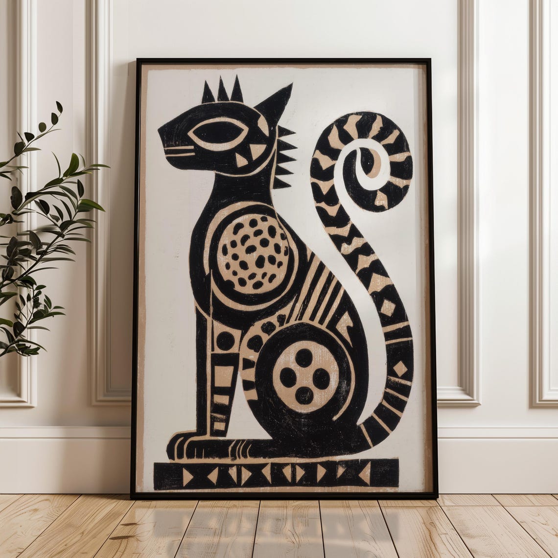 Stylized Cat Poster Black And Gold On Beige Abstract Geometric Folk Art Print