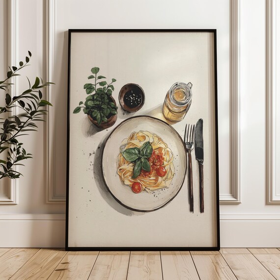 Fettuccine Basil Pasta Top View Hand Drawn Food Kitchen Poster